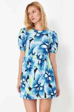 Lacivert Cicekli Skater/Belden Ac?lan S?rt Detayl? Mini Dokuma Elbise TWOSS22EL2858