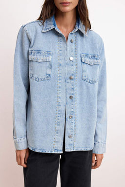 A__k Mavi Trok Detayl_ Regular 100% Pamuk Oversize Denim G_mlek Ceket TWOSS26GO00003 - Trendyolmilla фото 3