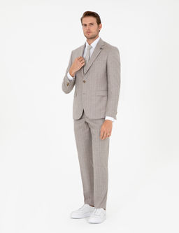 Bej Slim Fit _izgili Y_n Ka_mir Kar___ml_ Tak_m Elbise