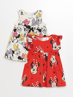 Bisiklet Yaka Kolsuz Minnie Mouse Bask?l? K?z Bebek Elbise 2li