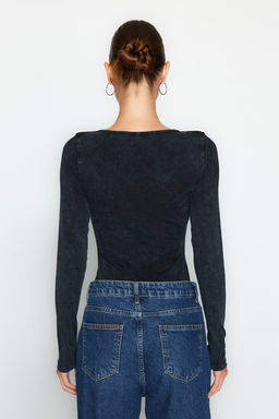 TRENDYOLMILLA Indigo Eskitme/Soluk Efektli Pamuklu Uzun Kol Esnek C?tc?tl? Orme Body TWOAW24BD00044  фото 6