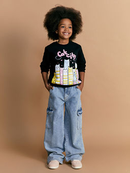 Bisiklet Yaka Bask?l? Kal?n K?z ?ocuk Sweatshirt