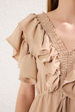 Bej A Kesim Volanl? Dokuma Elbise Dokuma Elbise TWOSS24EL01053