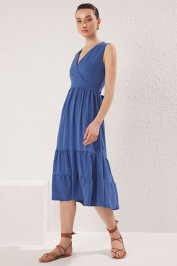 Haki Duz Etegi Belden Ac?lan Kruvaze Midi Dokuma Elbise TWOSS25EL00201 - Trendyolmilla фото 5