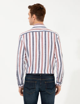 Рубашка узкого кроя с длинным рукавом из смесового льна темно-синего цвета - Cacharel фото 12