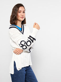 V Yaka Kendinden Desenli Uzun Kollu Kad?n Triko Kazak