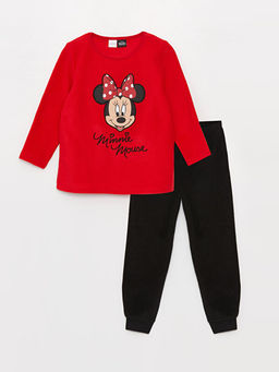 Bisiklet Yaka Minnie Mouse Bask?l? Uzun Kollu K?z ?ocuk Polar Pijama Tak?m?