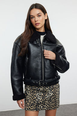 Siyah Regular Kal?p Pelus Detayl? Suni Deri Biker Ceket Mont TWOAW24MO00279