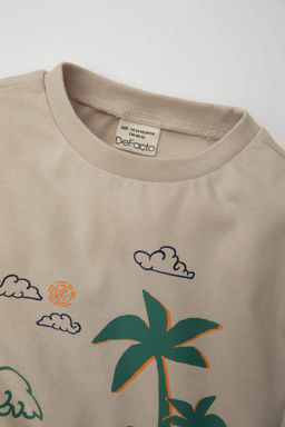 Футболка с короткими рукавами и круглым вырезом для маленьких мальчиков с рисунком пальмы - Defacto фото 2
