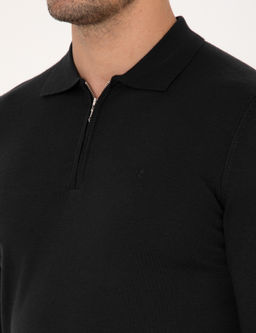 Siyah Regular Fit Y_n Kar___ml_ Fermuarl_ Polo Yaka Basic Triko Kazak - Cacharel фото 7