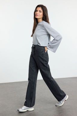 Siyah Yuksek Bel Uzun Straight Jeans TWOAW23JE00111 - Trendyolmilla фото 2