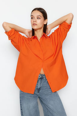 Turuncu Pamuklu Oversize Genis Kal?p Dokuma Gomlek TWOSS22GO0669