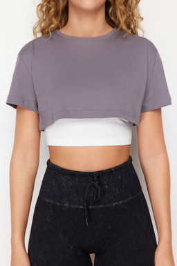 TRENDYOLMILLA Siyah Beyaz %100 Pamuklu 2 Katmanl? Reflektor Bask?l? Crop Orme Spor T-Shirt THMSS24TS00001 фото 3