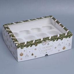 Цена за 4 шт. Коробка складная на 12 капкейков с окном «С Новым годом!» 32.5×25.5×10 см