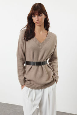 Vizon Genis Kal?p Kemerli Yumusak Dokulu Triko Kazak TWOAW25KZ00054