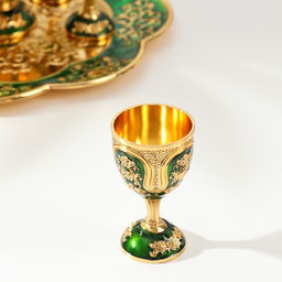Набор посуды сувенирной: винный кувшин, 6 бокалов, поднос Турция. Цветы и узоры, зелёный с золотом