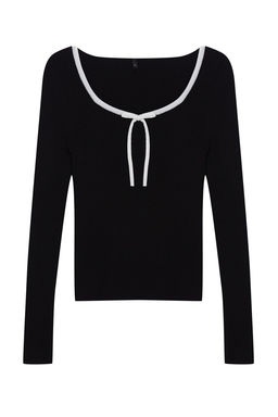 Siyah Merserize Gorunumlu Premium Iplik/Ozel Iplik Kurdele/Fiyonk Detayl? Triko Kazak TWOAW25KZ00207 - Trendyolmilla фото 6