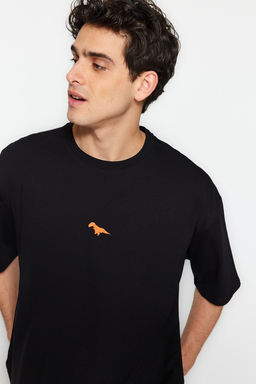 TRENDYOL MAN Buyuk Beden Siyah Oversize/Genis Kesim %100 Pamuklu Dinozor Nak?sl? T-Shirt TMNSS24BF00013 - Trendyolmilla фото 3
