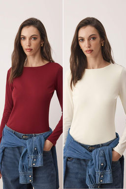 Tas-Bordo Ikili Paket Kay?k Yaka Fitted/Vucuda Oturan Orme Bluz TWOAW25BZ00062