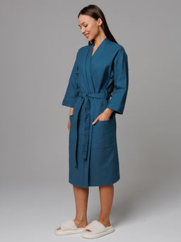 Женский укороченный вафельный халат с планкой темно-бирюзовый В-11 (23)