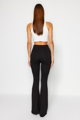 Siyah Beli Lastikli Nervurlu Flare/Ispanyol Paca Yuksek Bel Orme Tayt Pantolon TWOAW22PL0107