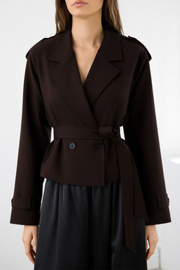 Koyu Kahverengi Premium Dokuma Crop Blazer Ceket TWOSS24BC00010