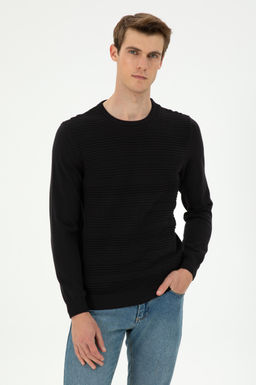 Erkek Slim Fit Bisiklet Yaka Siyah Kazak