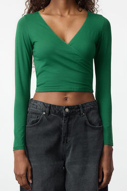 Trendyolmilla Siyah Derin Kruvaze Yaka Dantel Detayl? Uzun Kol Crop Pamuklu Esnek Orme Bluz TWOAW24BZ00291 фото 8