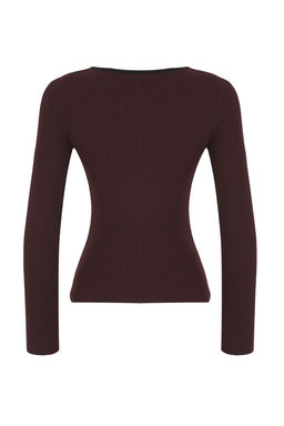 Bordo Merserize Gorunumlu Premium Iplik/Ozel Iplik Kurdele/Fiyonk Detayl? Triko Kazak TWOAW25KZ00207