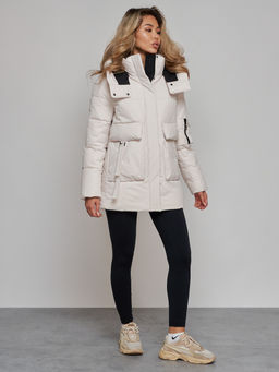 Зимняя женская куртка модная с капюшоном бежевого цвета 589827B - RoccaManer фото 25