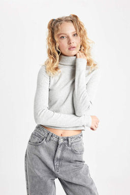 Классная приталенная водолазка в рубчик, базовая футболка с длинными рукавами - Defacto фото 7