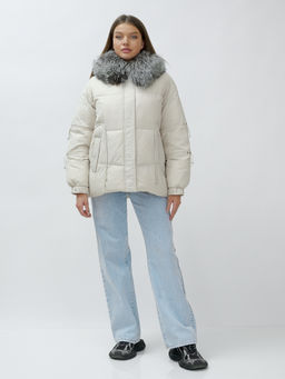 с чернобуркой ПРЕМИУМ класса Полупальто куртка зимняя коричневого цвета  бежевого цвета - Mtforce фото 17