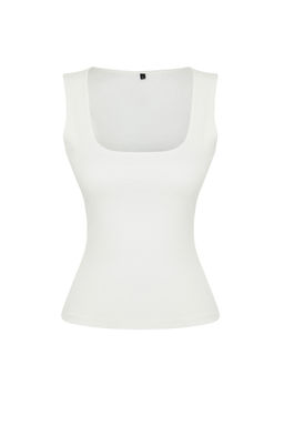 Ekru Kare Yaka S?f?r Kol Pamuklu Esnek Fitted/Vucuda Oturan Orme Atlet TWOSS24AL00013