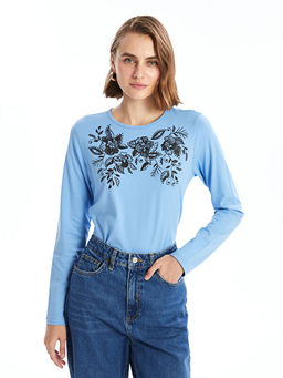 Bisiklet Yaka ?i?ekli Kad?n Ti??rt