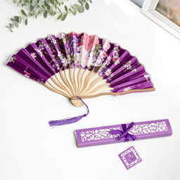 Веер складной h=21 см Цветы, в коробке, изгиб, с кистью, фиолетовый