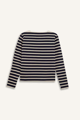 Повседневная полосатая футболка из чесаного хлопка с длинными рукавами и круглым вырезом обычного кроя - Defacto фото 3