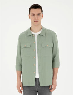Ye_il Keten Comfort Fit Uzun Kollu G_mlek