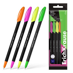 Цена за 12 шт. Набор из 4 ручек шариковых ErichKrause Neo® Stick Accent 0.7, Super Glide Technology, цвет чернил синий (в пакете)