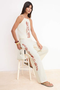 Cok Renkli Boncuk Nak?sl? Bluz Genis Paca Ince Kumas Pantolon Dokuma Alt - Ust Tak?m TWOSS26AU00151