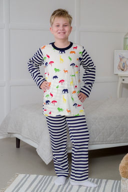 Пижама детская из джемпера и брюк без манжет из интерлока Сафари темно-синий полоса - Амадэль фото 14