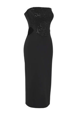 Siyah Cut Out/Pencere Detayl? Astarl? Payet Dokuma Midi Dugun/Nikah Elbisesi TPRSS25EL00306 - Trendyolmilla фото 6