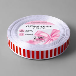 Цена за 2 шт. Лента атласная «Полоска», 15 мм, 23±1 м, белая, красная