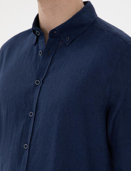 Lacivert Keten Kar___ml_ Regular Fit Uzun Kollu G_mlek