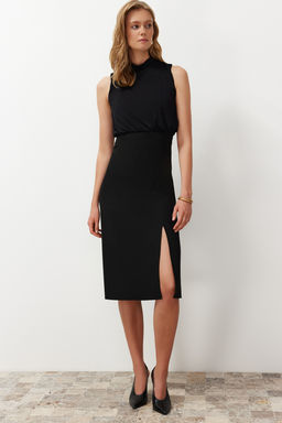 Siyah A Kesim Degaje Yaka Midi Dokuma Elbise TWOSS24EL00689 - Trendyolmilla фото 5