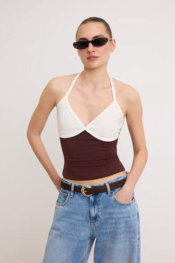 Cok Renkli Fitted/Vucuda Oturan V Yaka Kolsuz Pamuklu Esnek Orme Bluz TWOSS26BZ00881 - Trendyolmilla фото 2