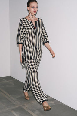 STRIPED CUFFED HEM LINEN BLEND TROUSERS