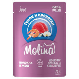 MOLINA SUPERPREMIUM Пауч с Тунцом и Креветками для котят и кошек, волокна в желе, 70г