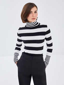 Bal?k?? Yaka Renk Bloklu Kad?n Triko Kazak