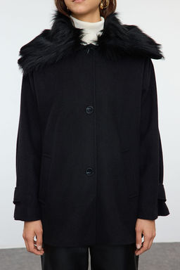 Siyah C?kar?labilir Yaka Kurk Detayl? Regular Midi Yunlu Kaban TWOAW25KB00070