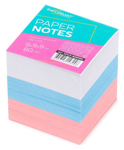 Блок для записей INFORMAT 9х9х9 см Куб непроклеенный ассорти триколор пастель 3 цвета 80 г...